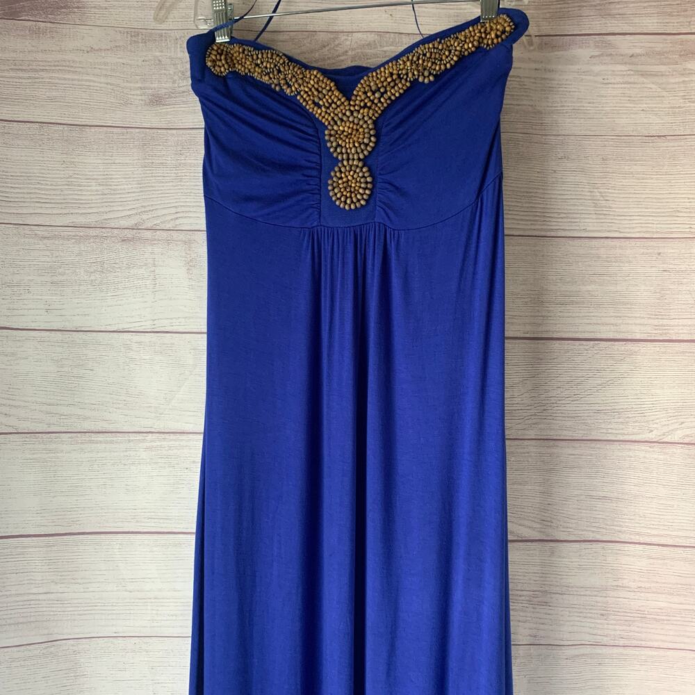 Design History Royal Blue Strapless Maxi Dress Wood Beaded Neckline Size Missy M - Picture 2 of 14